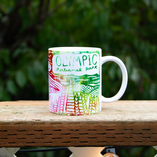 12oz Olympic National Park Mug pink and green watercolor
