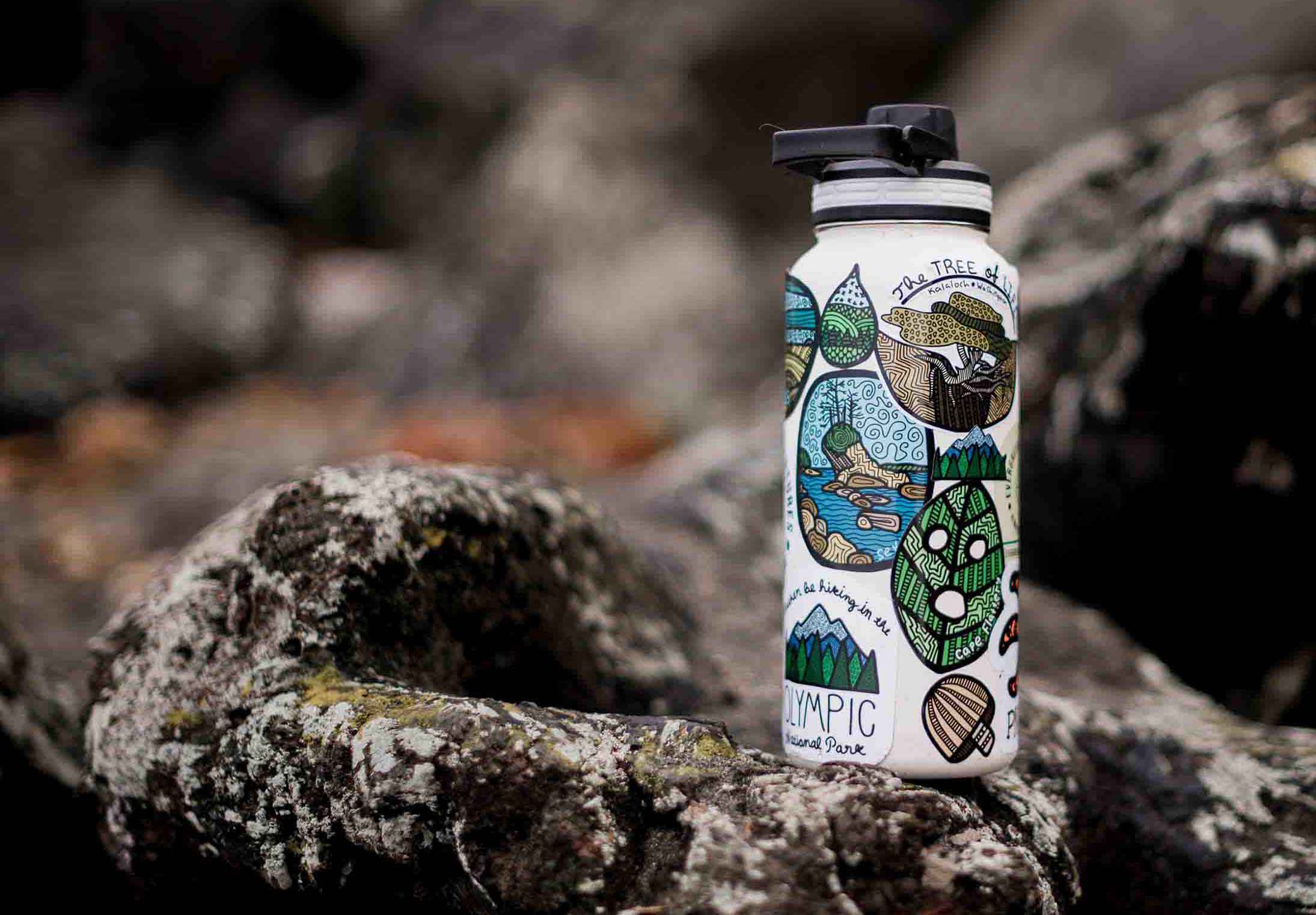 waterbottle covered in Evergreen Adventure stickers that is sitting on a piece of drift wood